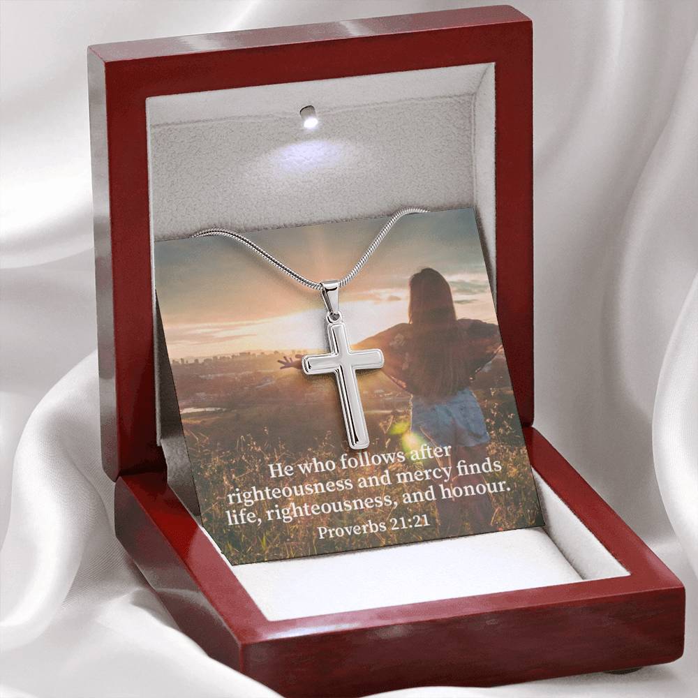 Scripture Card Righteousness And Honour Proverbs 21:21 Cross Card Necklace w Stainless Steel Pendant Religious Gift-Express Your Love Gifts