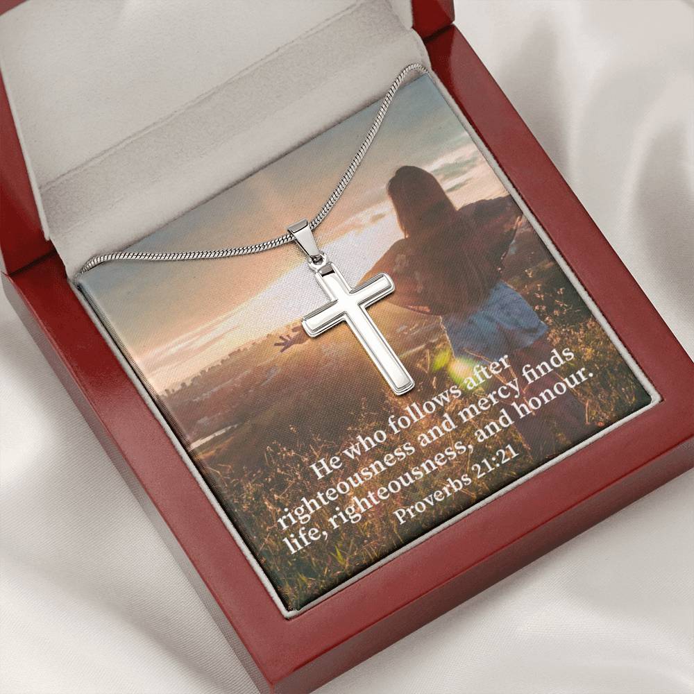 Scripture Card Righteousness And Honour Proverbs 21:21 Cross Card Necklace w Stainless Steel Pendant Religious Gift-Express Your Love Gifts