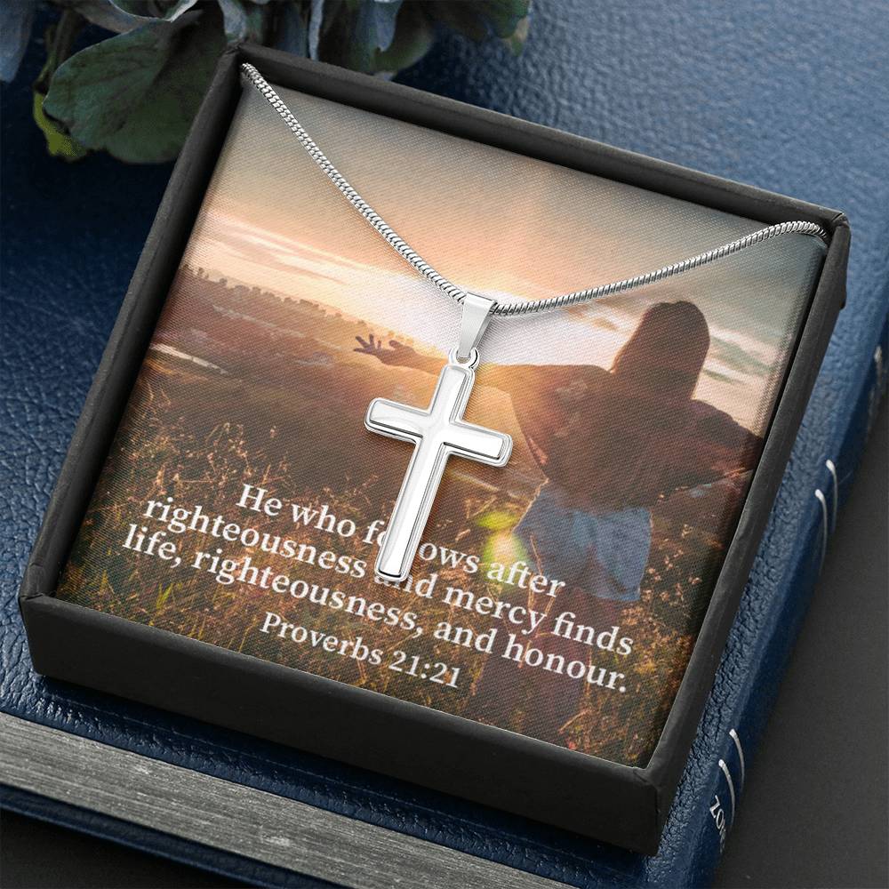 Scripture Card Righteousness And Honour Proverbs 21:21 Cross Card Necklace w Stainless Steel Pendant Religious Gift-Express Your Love Gifts