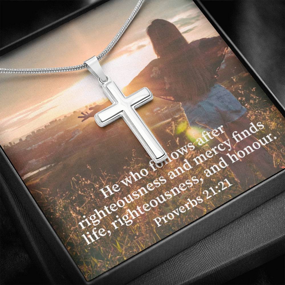 Scripture Card Righteousness And Honour Proverbs 21:21 Cross Card Necklace w Stainless Steel Pendant Religious Gift-Express Your Love Gifts