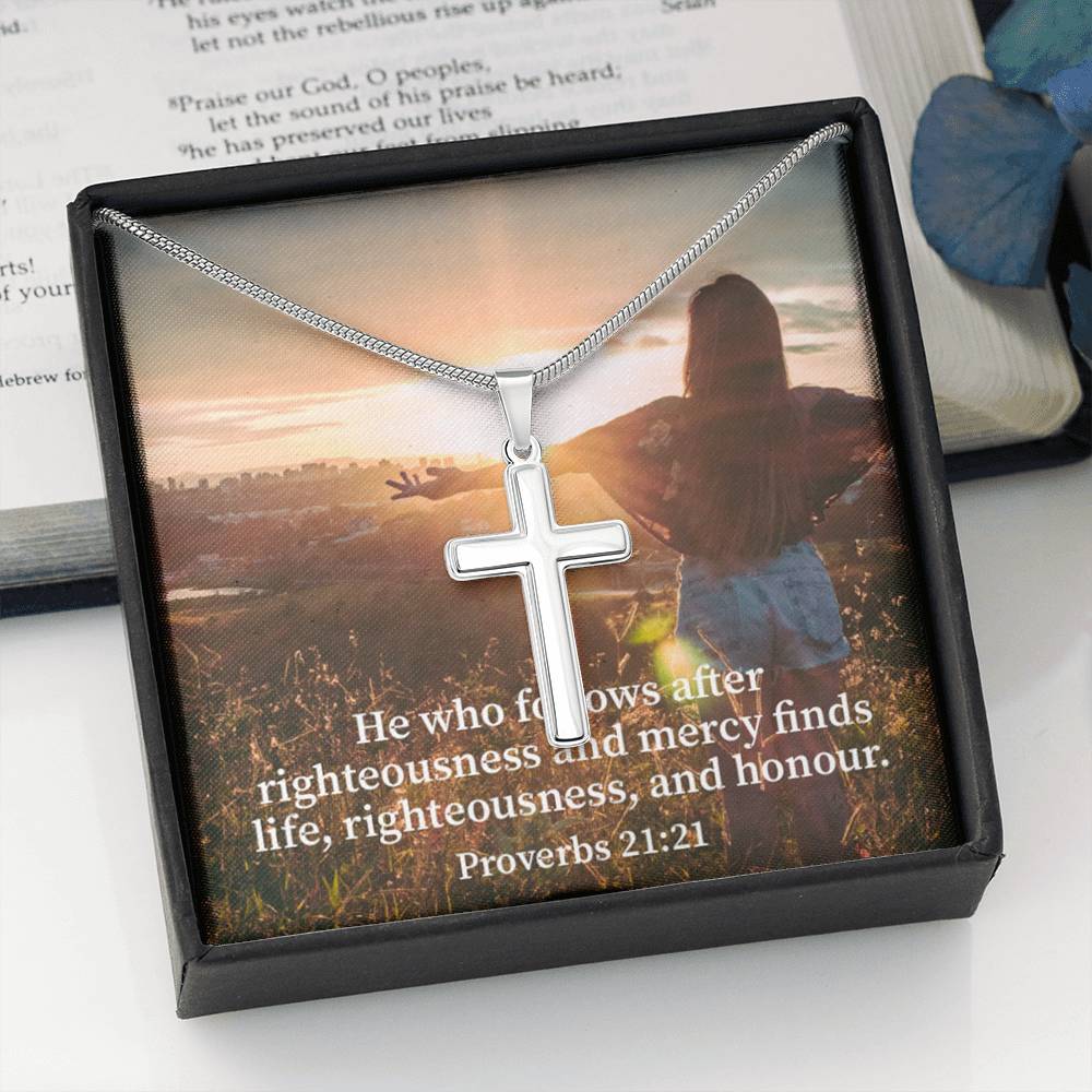 Scripture Card Righteousness And Honour Proverbs 21:21 Cross Card Necklace w Stainless Steel Pendant Religious Gift-Express Your Love Gifts