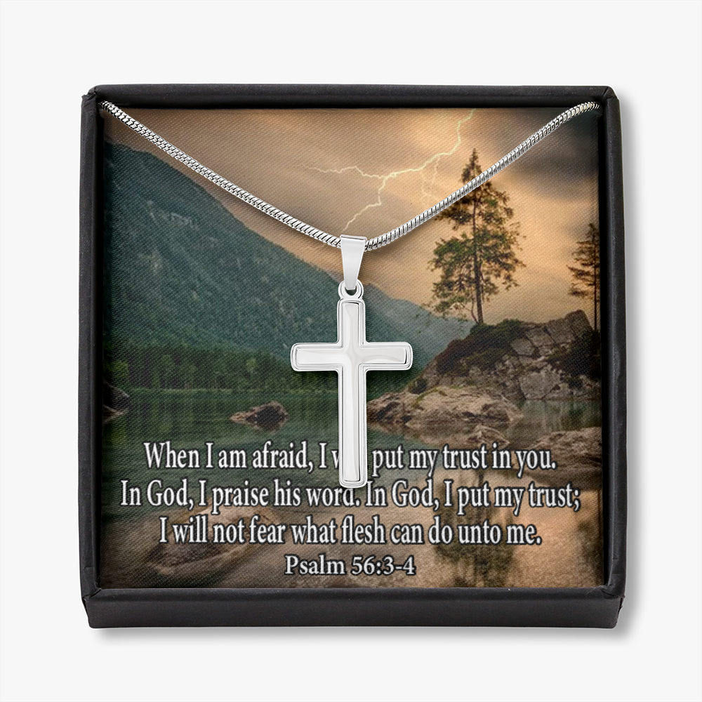 Scripture Card Trust In God Psalm 56:3-4 Cross Card Necklace w Stainless Steel Pendant Religious Gift-Express Your Love Gifts