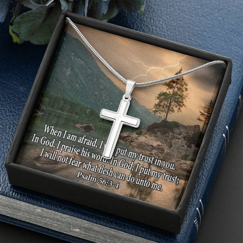 Scripture Card Trust In God Psalm 56:3-4 Cross Card Necklace w Stainless Steel Pendant Religious Gift-Express Your Love Gifts
