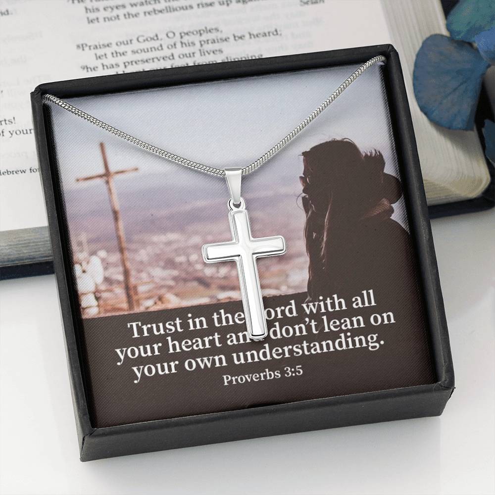 Scripture Card Trust Proverbs 3:5 Cross Card Necklace w Stainless Steel Pendant Religious Gift-Express Your Love Gifts