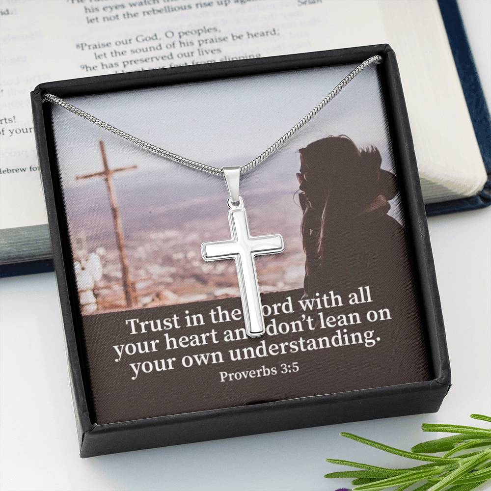 Scripture Card Trust Proverbs 3:5 Cross Card Necklace w Stainless Steel Pendant Religious Gift-Express Your Love Gifts