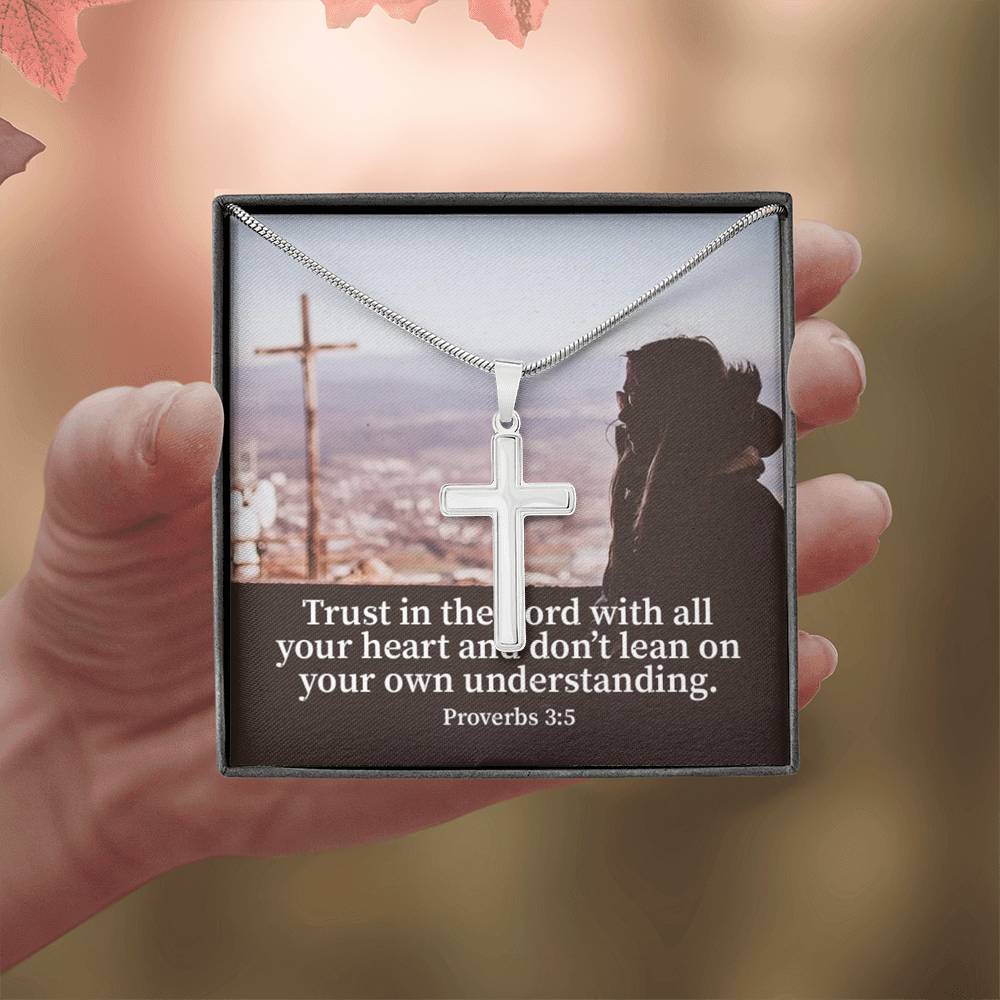 Scripture Card Trust Proverbs 3:5 Cross Card Necklace w Stainless Steel Pendant Religious Gift-Express Your Love Gifts