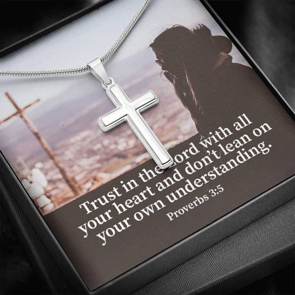 Scripture Card Trust Proverbs 3:5 Cross Card Necklace w Stainless Steel Pendant Religious Gift-Express Your Love Gifts