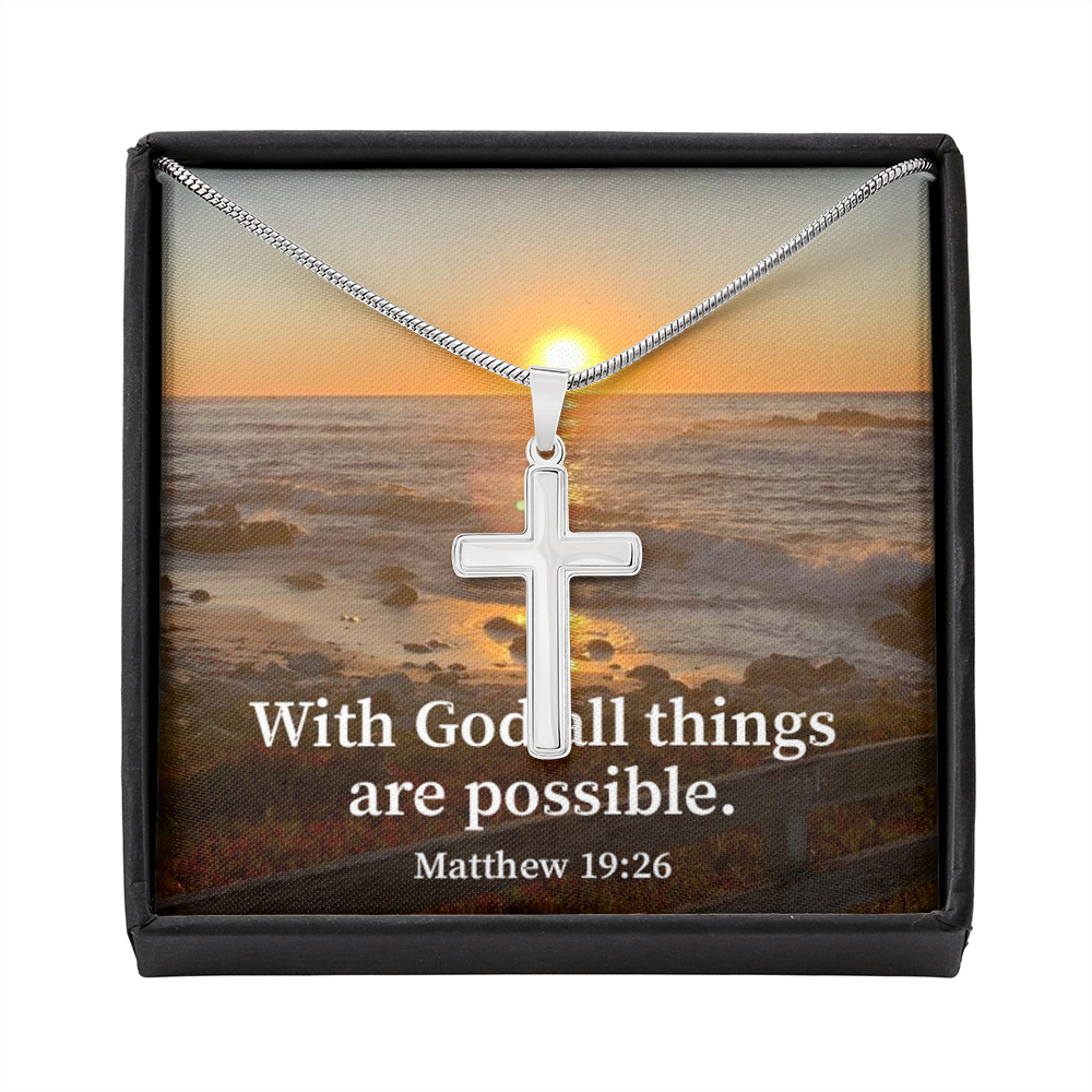 Scripture Card With God All Things Are Possible Matthew 19:26 Cross Card Necklace w Stainless Steel Pendant Religious Gift-Express Your Love Gifts