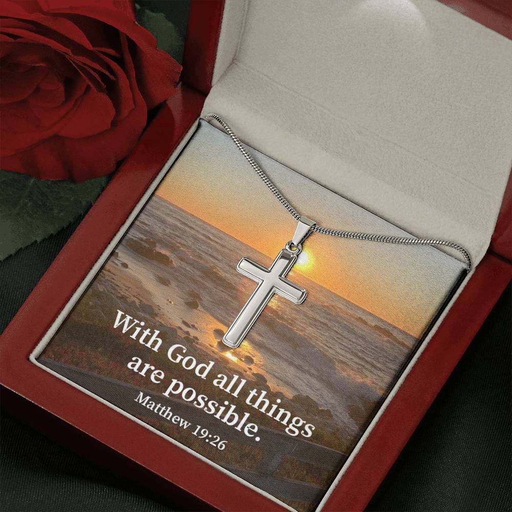 Scripture Card With God All Things Are Possible Matthew 19:26 Cross Card Necklace w Stainless Steel Pendant Religious Gift-Express Your Love Gifts