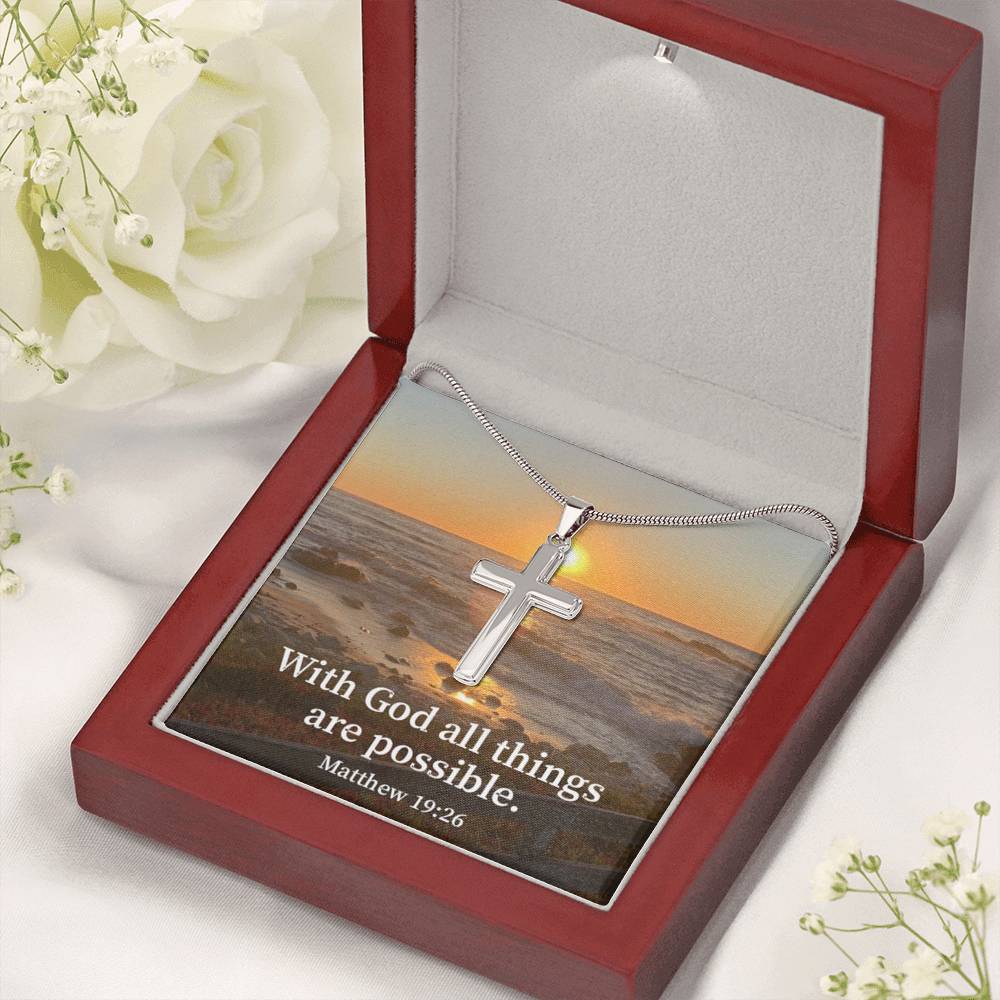 Scripture Card With God All Things Are Possible Matthew 19:26 Cross Card Necklace w Stainless Steel Pendant Religious Gift-Express Your Love Gifts