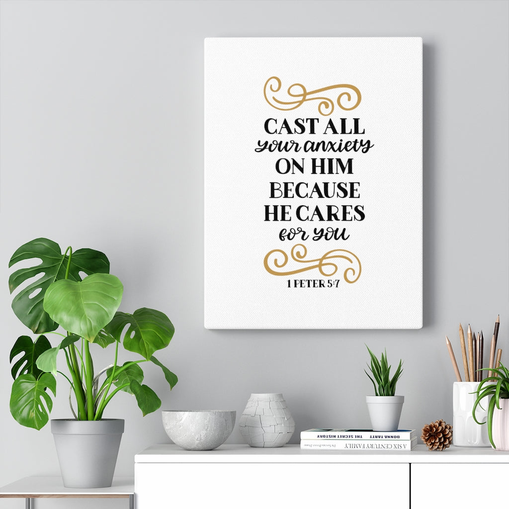 Scripture Walls CAres For You 1 Peter 5:7 Bible Verse Canvas Christian Wall Art Ready to Hang Unframed-Express Your Love Gifts