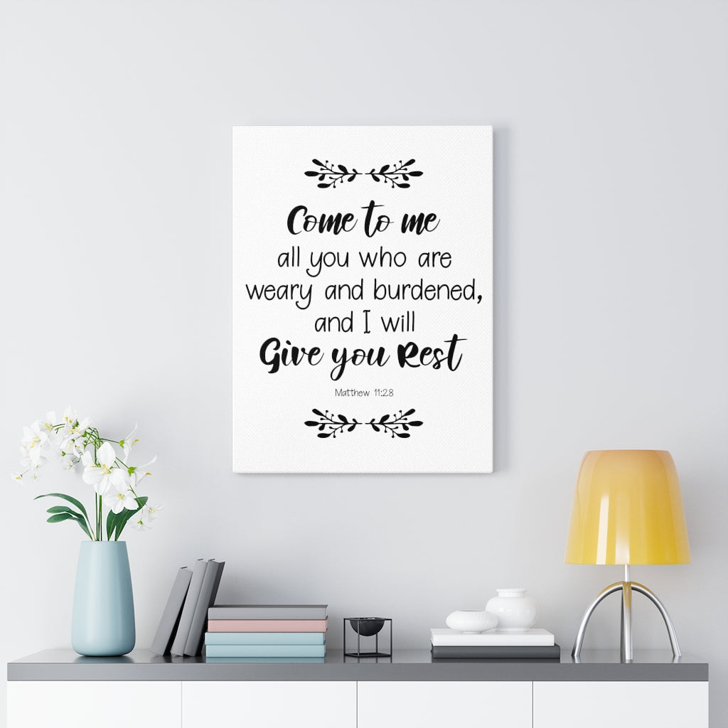 Scripture Walls I Will Give You Rest Matthew 11:28 White Bible Verse Canvas Christian Wall Art Ready to Hang Unframed-Express Your Love Gifts