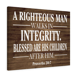 Scripture Walls Righteous Man Proverbs 20:7 Scripture Bible Verse Canvas Christian Wall Art Ready to Hang Unframed-Express Your Love Gifts
