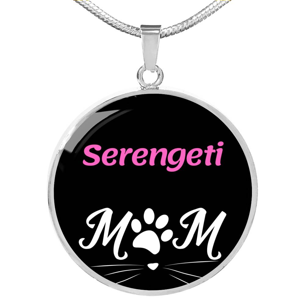 Serengeti Cat Mom Necklace Circle Pendant Stainless Steel or 18k Gold 18-22"-Express Your Love Gifts