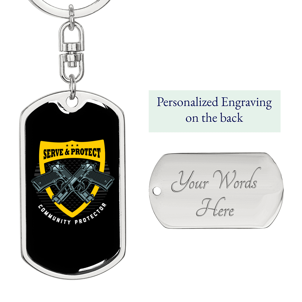 Serve & Protect Keychain Stainless Steel or 18k Gold Dog Tag Keyring-Express Your Love Gifts