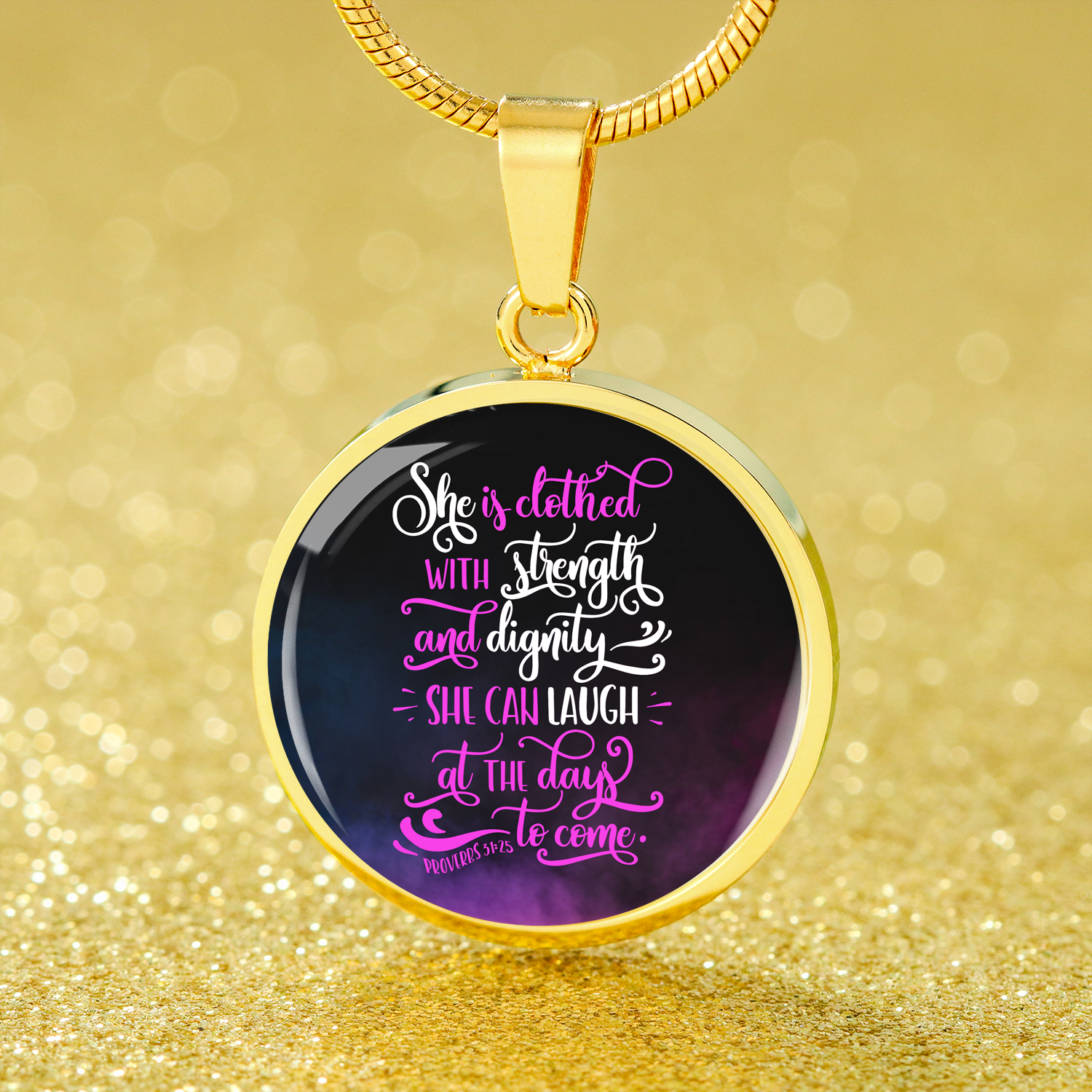 She Is Clothed With Strength Proverbs 31:25 Circle Necklace Stainless Steel or 18k Gold 18-22"-Express Your Love Gifts