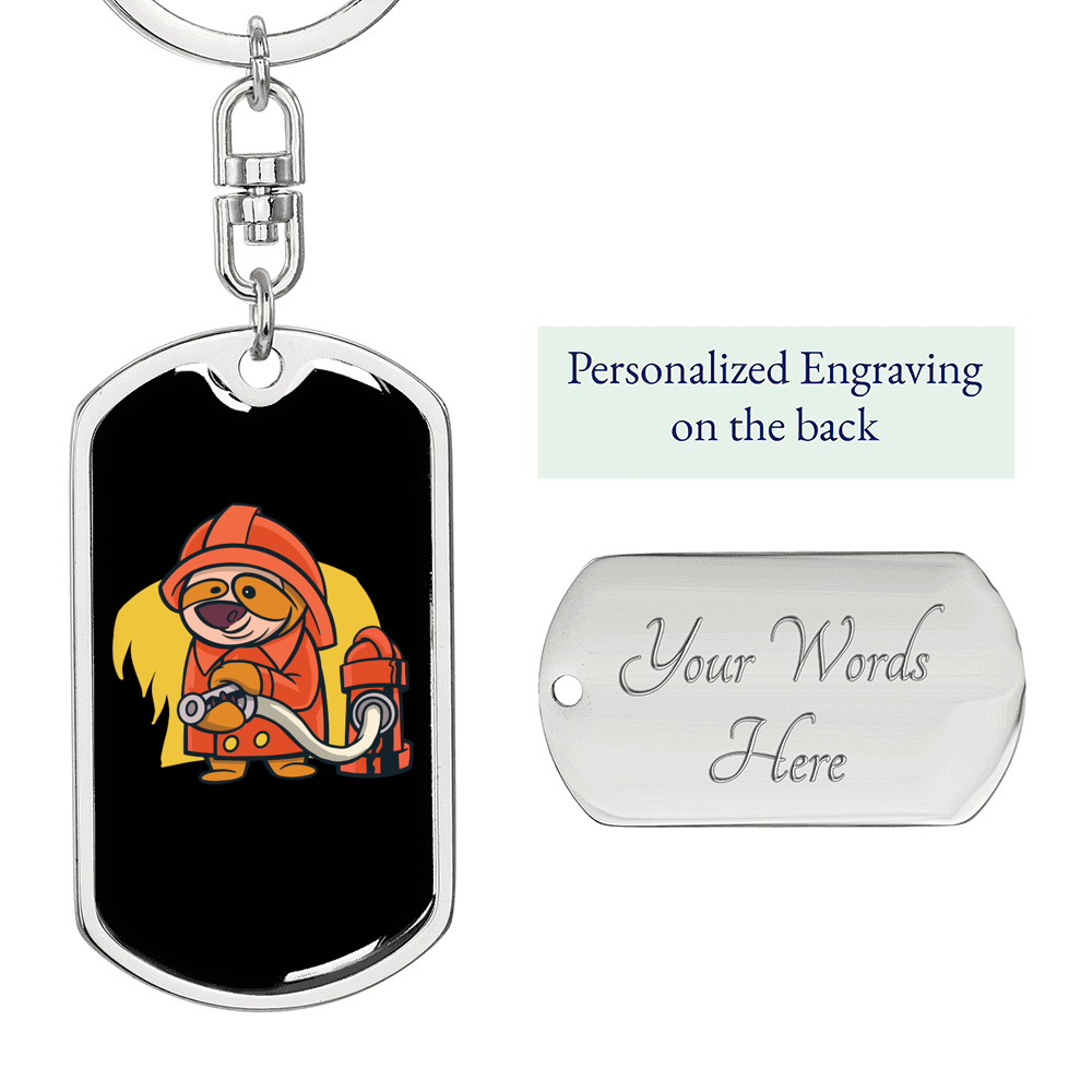 Sloth Firefighter Holding Hose Keychain Stainless Steel or 18k Gold Dog Tag Keyring-Express Your Love Gifts