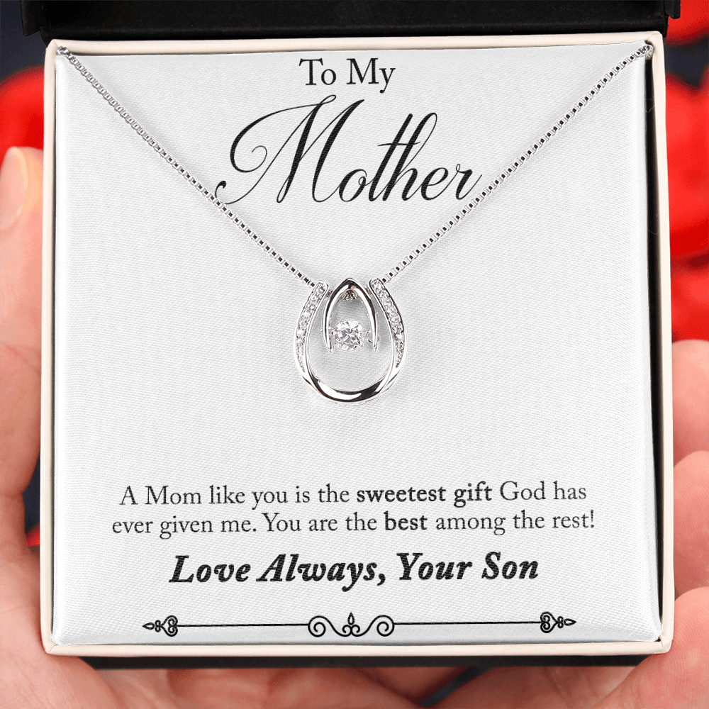 Son to Mother Sweetest Gift Lucky Horseshoe Necklace Message Card 14k w CZ Crystals-Express Your Love Gifts