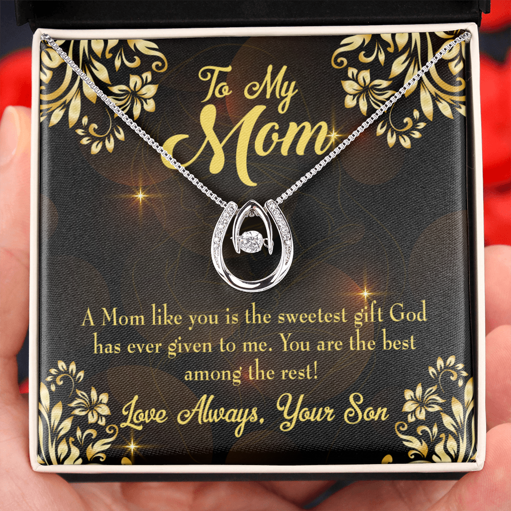 Son to Mother Sweetest Gift Lucky Horseshoe Necklace Message Card 14k w CZ Crystals-Express Your Love Gifts