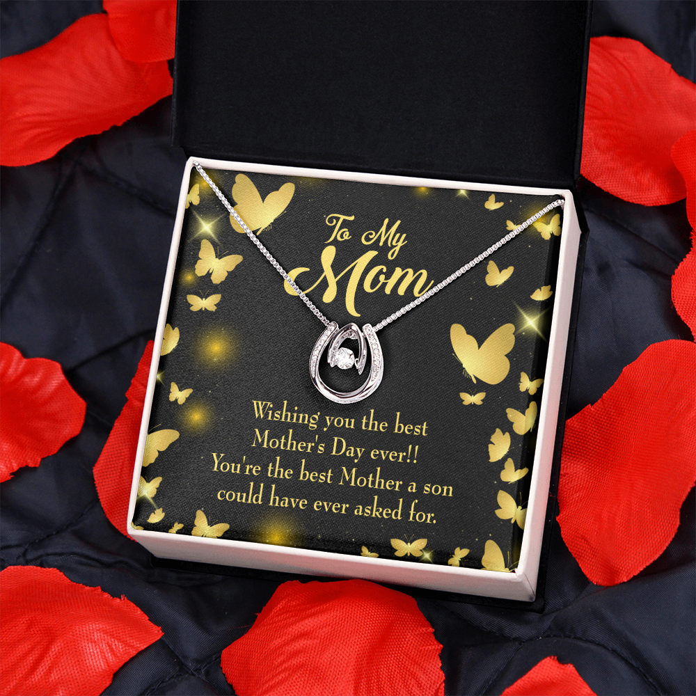 Son to Mother The Best Lucky Horseshoe Necklace Message Card 14k w CZ Crystals-Express Your Love Gifts