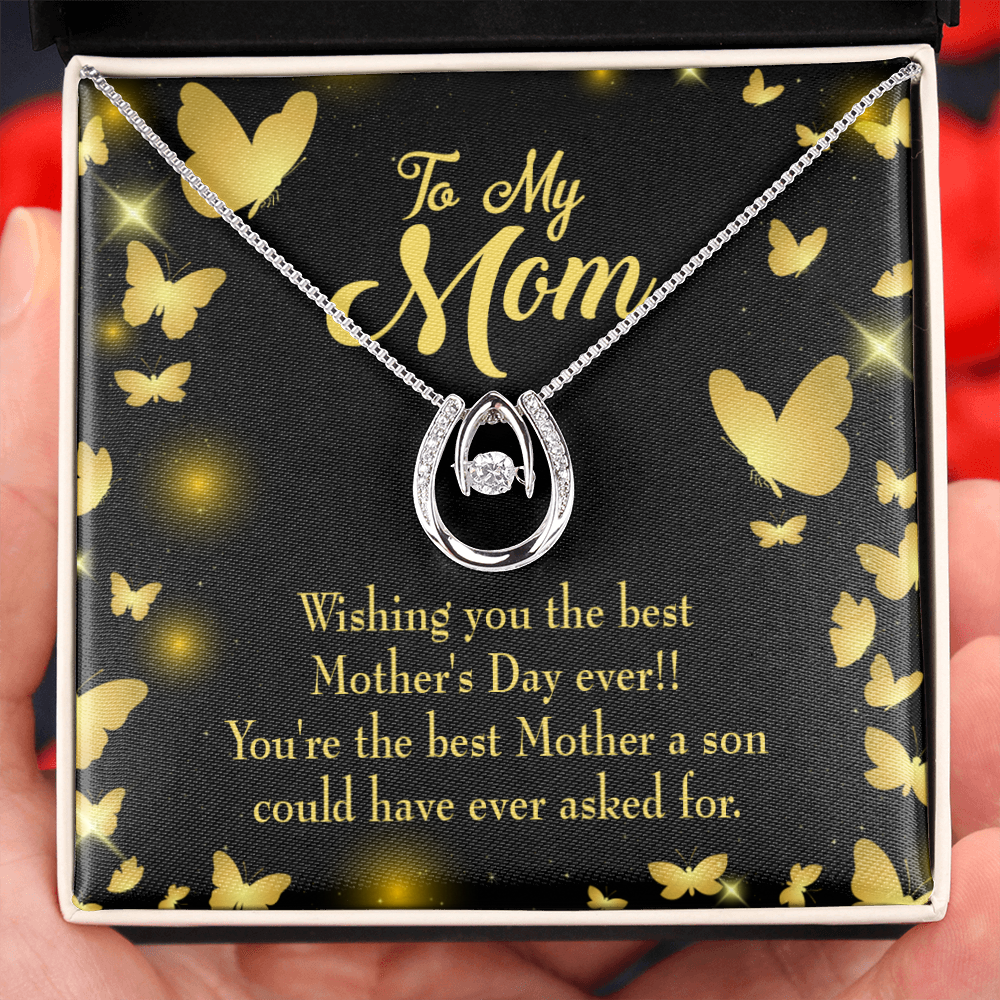 Son to Mother The Best Lucky Horseshoe Necklace Message Card 14k w CZ Crystals-Express Your Love Gifts