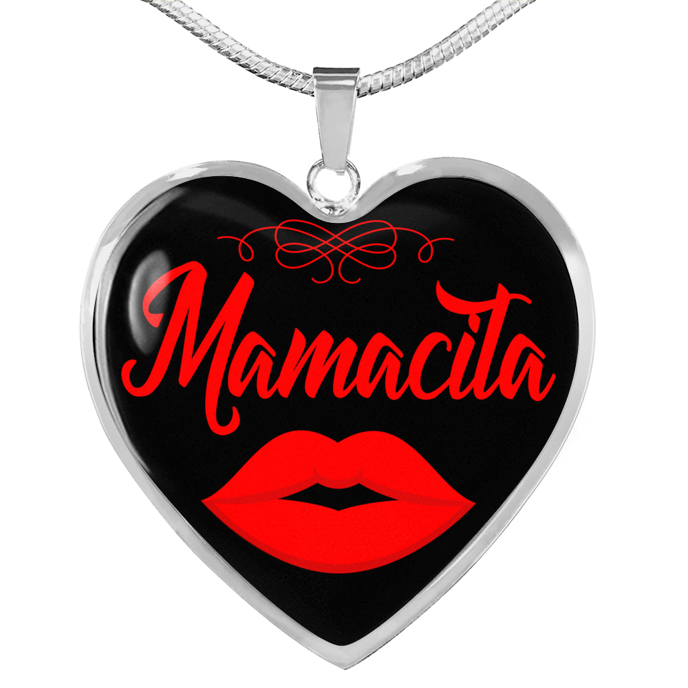 Spanish Hot Mama Mamacita Red Lips Heart Pendant Stainless Steel or 18k Gold 18-22"-Express Your Love Gifts