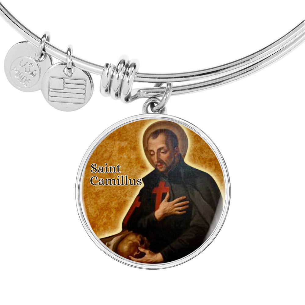St. Camillus Catholic Saint Circle Pendant Bangle Stainless Steel or 18k Gold 18-22"-Express Your Love Gifts