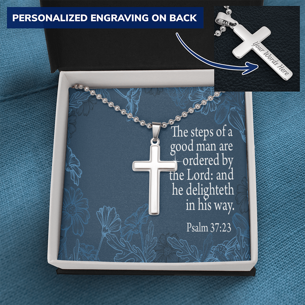 Steps Of A Good Man Psalm 37:23 Cross Necklace Message Card W Ball Chain Pendant-Express Your Love Gifts