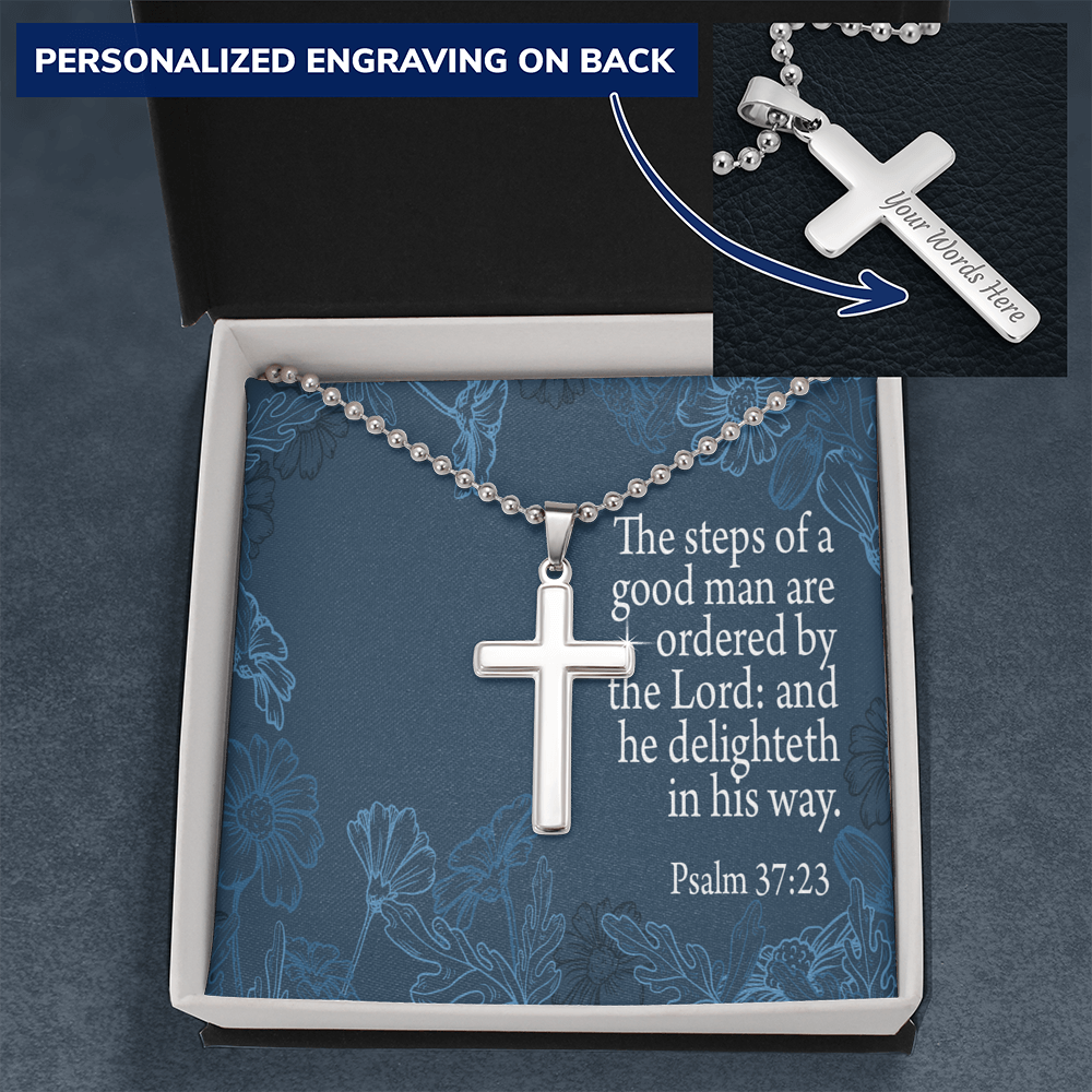 Steps Of A Good Man Psalm 37:23 Cross Necklace Message Card W Ball Chain Pendant-Express Your Love Gifts