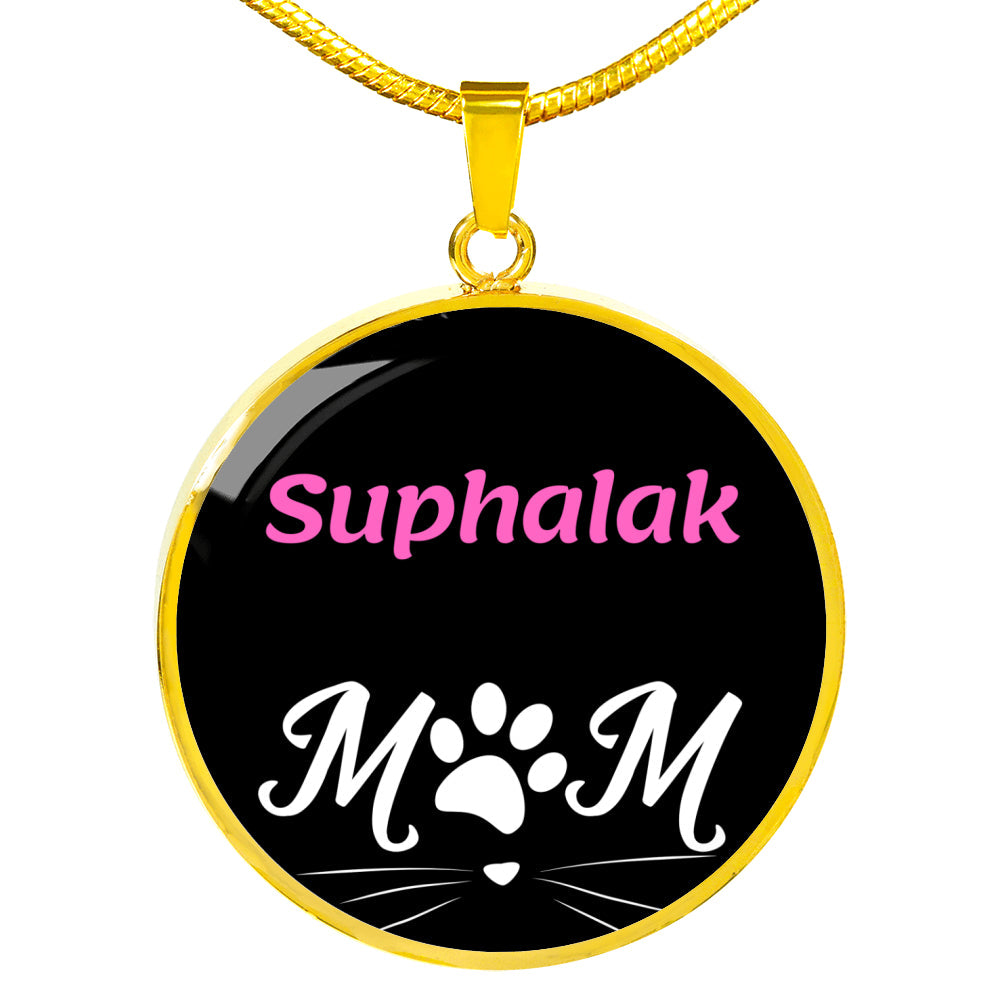 Suphalak Cat Mom Necklace Circle Pendant Stainless Steel or 18k Gold 18-22"-Express Your Love Gifts