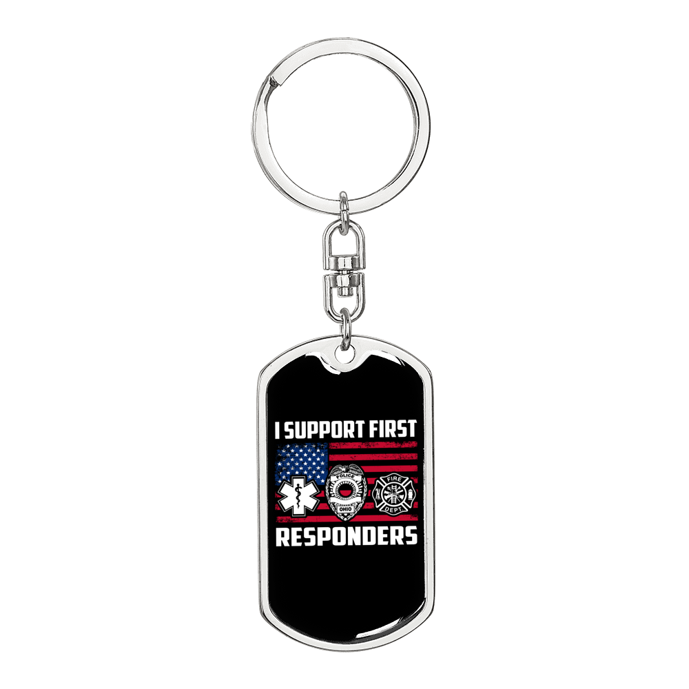 Support First Responders Firefighter Keychain Stainless Steel or 18k Gold Dog Tag Keyring-Express Your Love Gifts