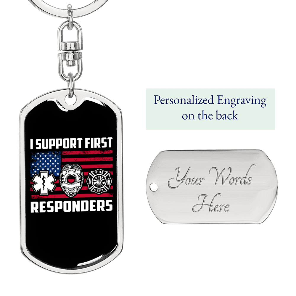 Support First Responders Firefighter Keychain Stainless Steel or 18k Gold Dog Tag Keyring-Express Your Love Gifts