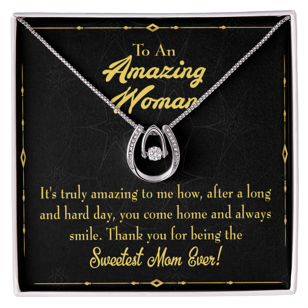 Sweetest Mom Ever Lucky Horseshoe Necklace Message Card 14k w CZ Crystals-Express Your Love Gifts