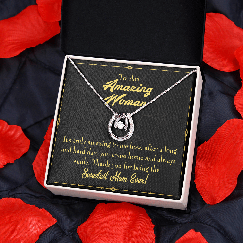 Sweetest Mom Ever Lucky Horseshoe Necklace Message Card 14k w CZ Crystals-Express Your Love Gifts