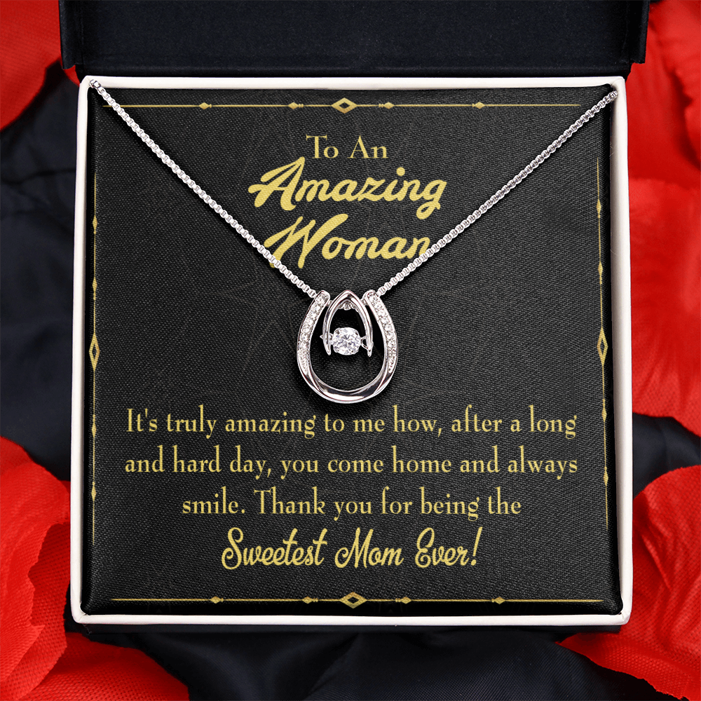 Sweetest Mom Ever Lucky Horseshoe Necklace Message Card 14k w CZ Crystals-Express Your Love Gifts