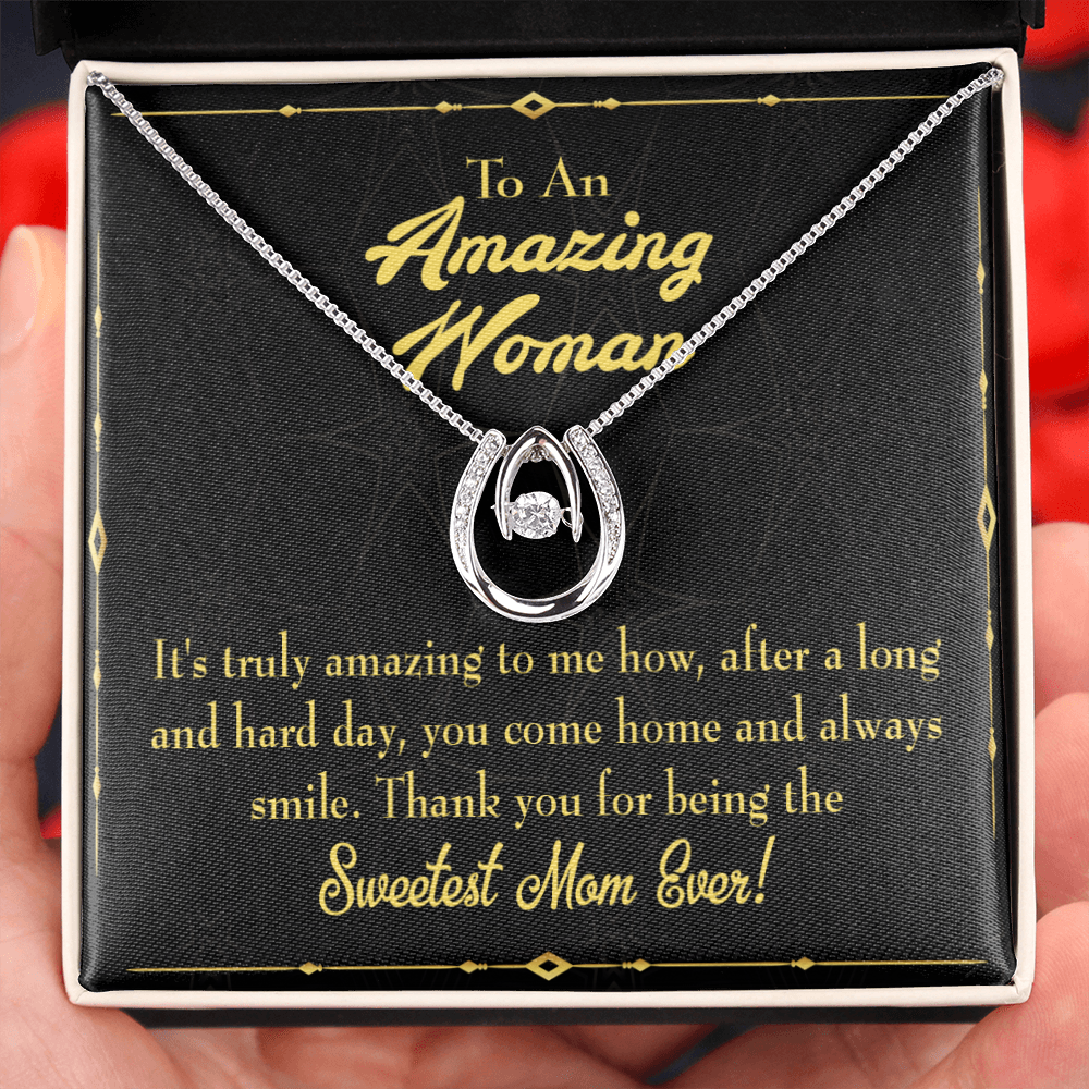 Sweetest Mom Ever Lucky Horseshoe Necklace Message Card 14k w CZ Crystals-Express Your Love Gifts