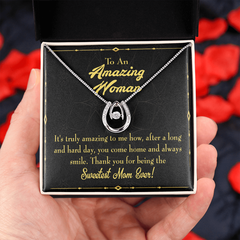 Sweetest Mom Ever Lucky Horseshoe Necklace Message Card 14k w CZ Crystals-Express Your Love Gifts