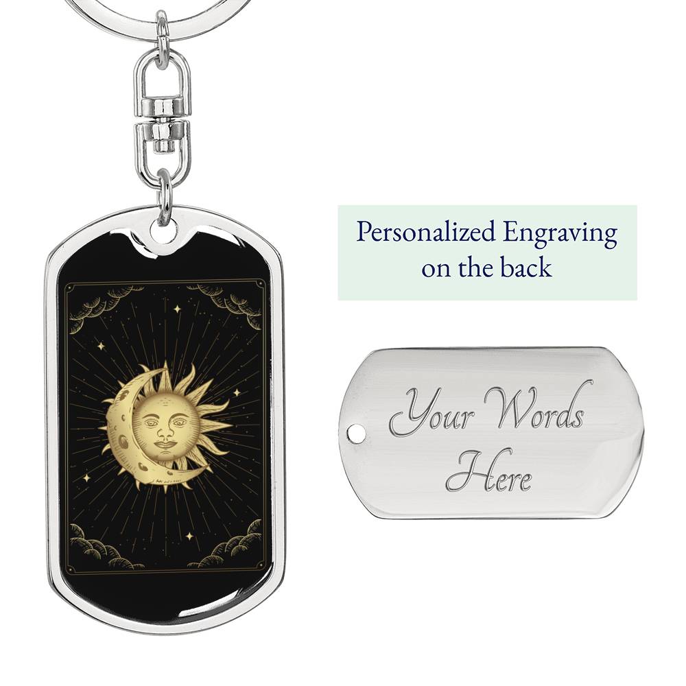 Tarot Card Moon And Sun Keychain Dog Tag Stainless Steel or 18k Gold-Express Your Love Gifts