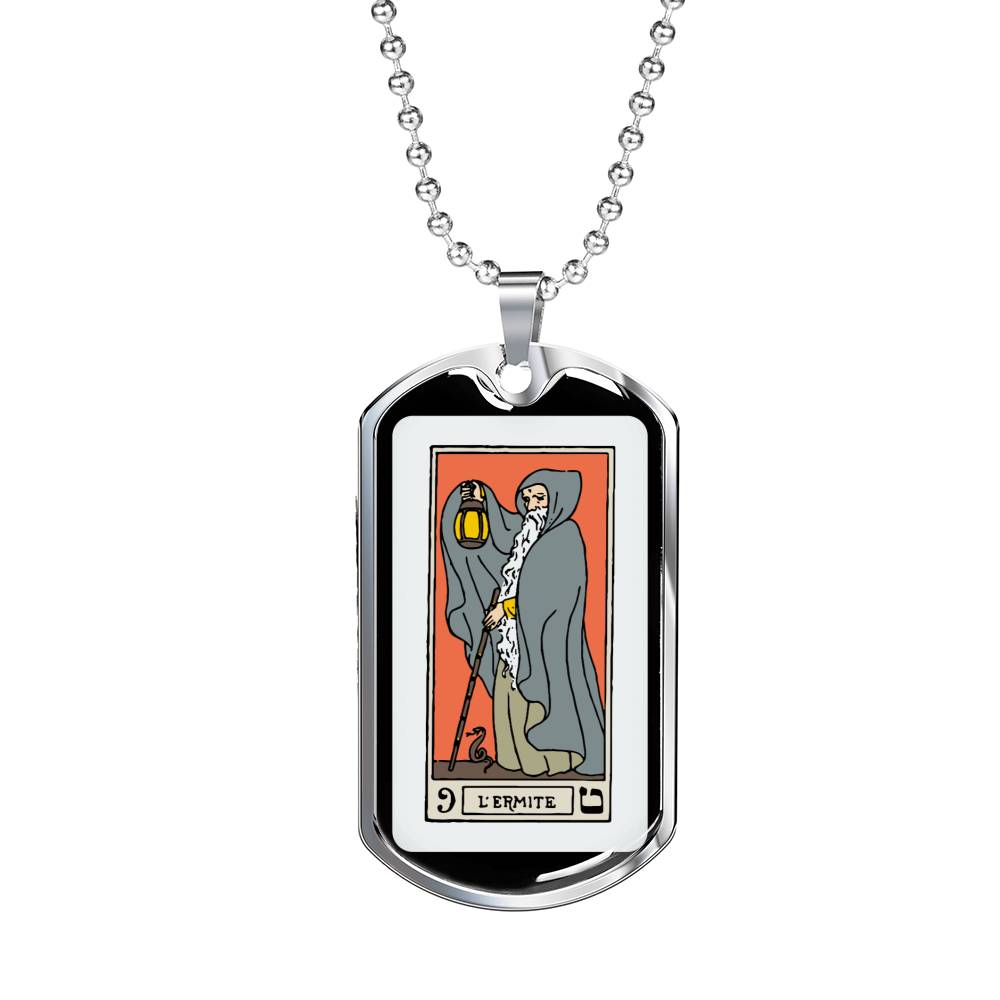 Tarot Card Necklace The Hermit L'Ermite Stainless Steel or 18k Gold Dog Tag 24"-Express Your Love Gifts