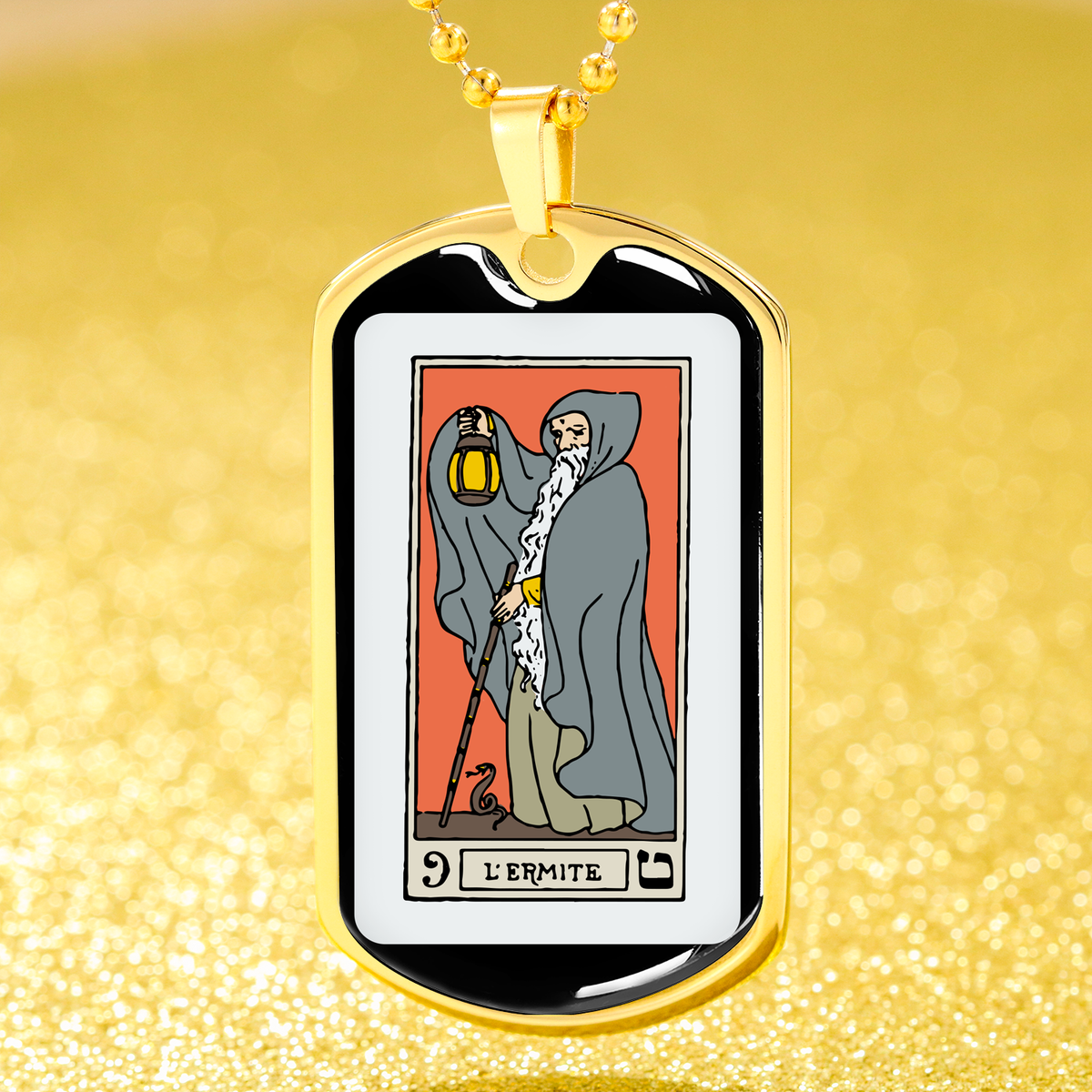 Tarot Card Necklace The Hermit L'Ermite Stainless Steel or 18k Gold Dog Tag 24"-Express Your Love Gifts