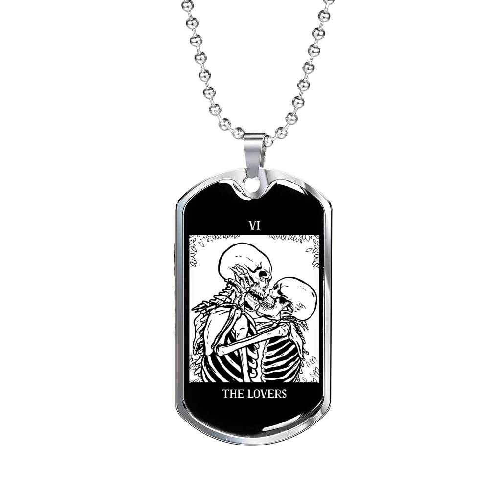 Tarot Card Necklace The Lovers Kissing Skeletons Stainless Steel or 18k Gold Dog Tag 24"-Express Your Love Gifts