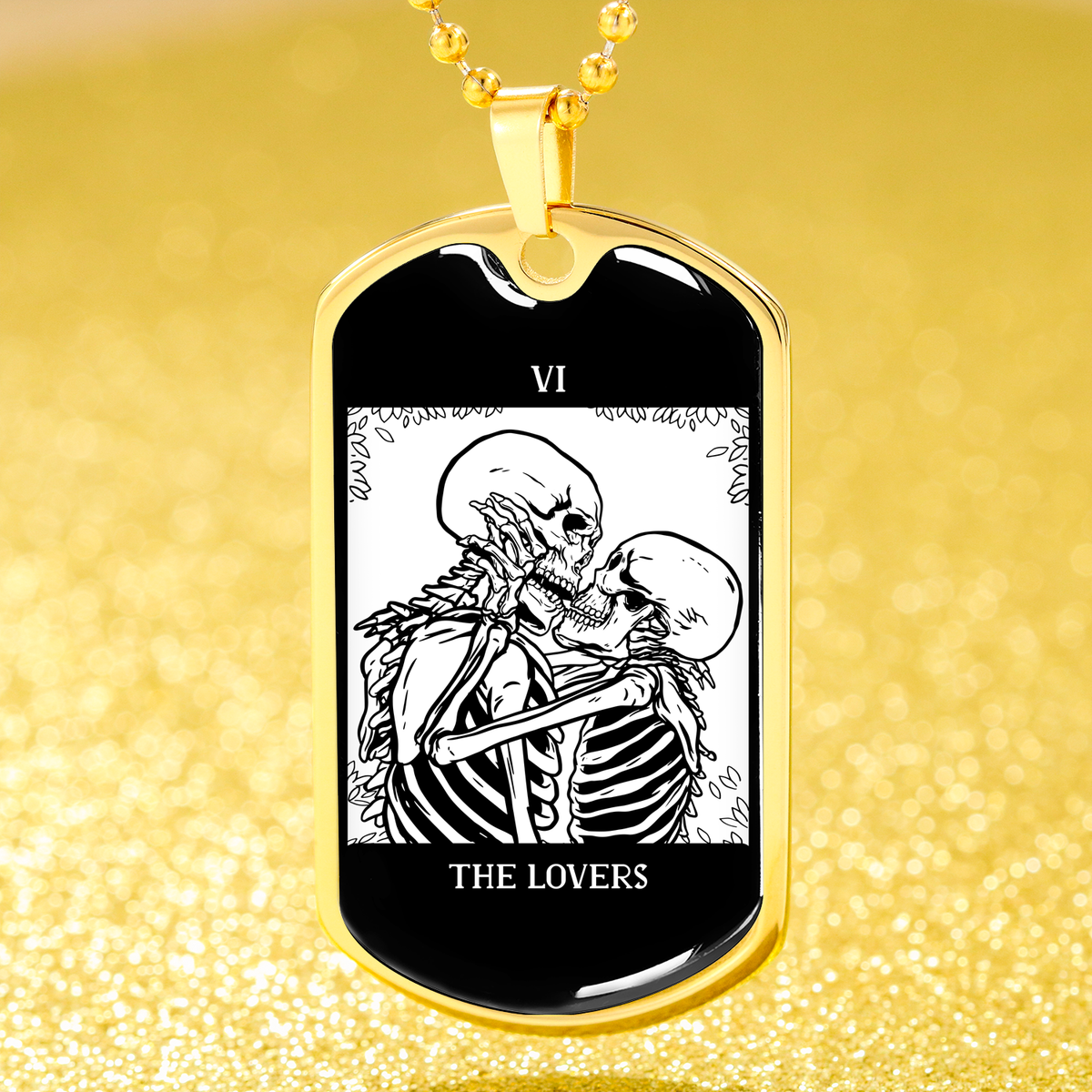 Tarot Card Necklace The Lovers Kissing Skeletons Stainless Steel or 18k Gold Dog Tag 24"-Express Your Love Gifts