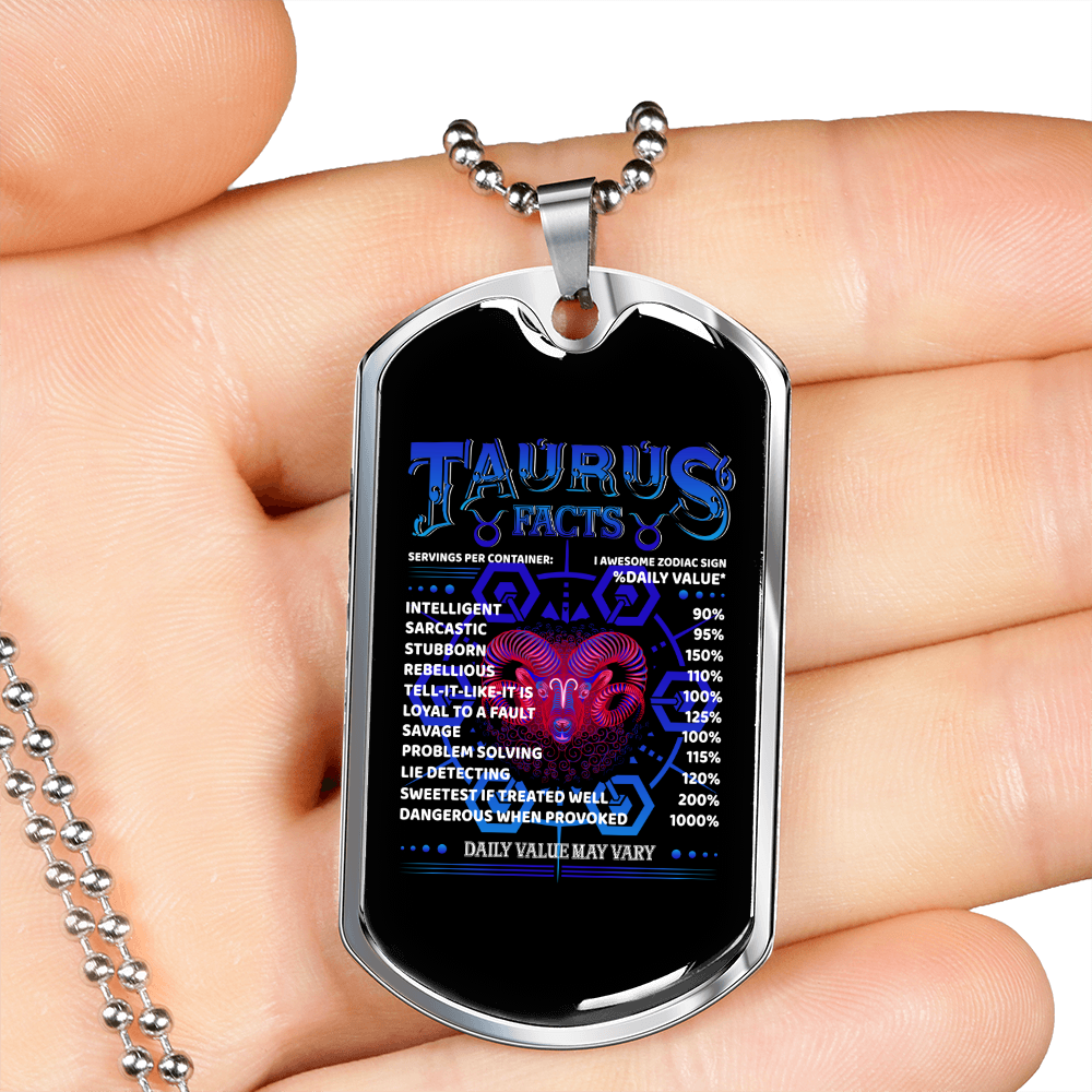 Taurus Facts Zodiac Necklace Stainless Steel or 18k Gold Dog Tag 24" Chain-Express Your Love Gifts