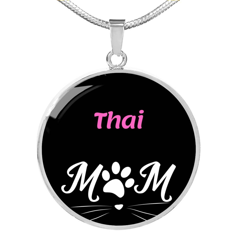 Thai Cat Mom Necklace Circle Pendant Stainless Steel or 18k Gold 18-22"-Express Your Love Gifts