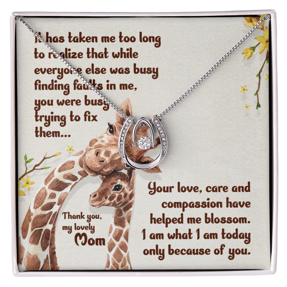 Thank You Mom Final Lucky Horseshoe Necklace Message Card 14k w CZ Crystals-Express Your Love Gifts