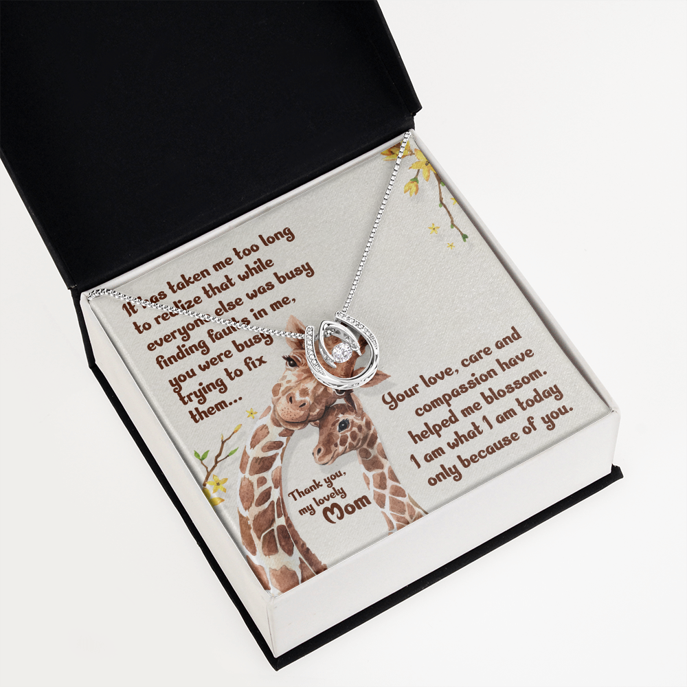 Thank You Mom Final Lucky Horseshoe Necklace Message Card 14k w CZ Crystals-Express Your Love Gifts