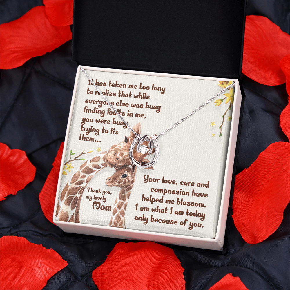 Thank You Mom Final Lucky Horseshoe Necklace Message Card 14k w CZ Crystals-Express Your Love Gifts