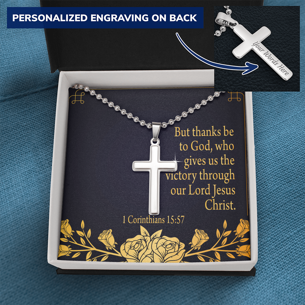 Thanks Be To God 1 Corinthians 15:57 Cross Necklace Message Card W Ball Chain Pendant-Express Your Love Gifts