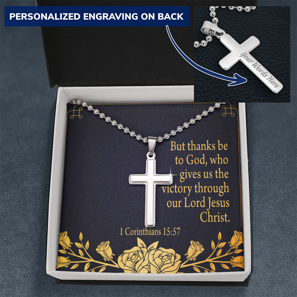 Thanks Be To God 1 Corinthians 15:57 Cross Necklace Message Card W Ball Chain Pendant-Express Your Love Gifts