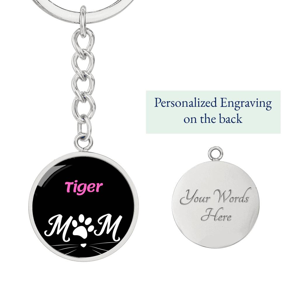 Tiger Cat Mom Keychain Stainless Steel or 18k Gold Circle Pendant-Express Your Love Gifts